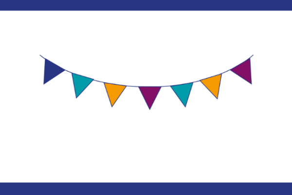 Cartoon bunting in BCM blue, teal, purple and orange